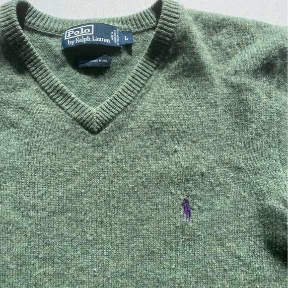 Men's Polo Ralph Lauren Sweatshirt Green Pony L V-Neck Wool Preppy Dad Classic - Picture 1 of 12